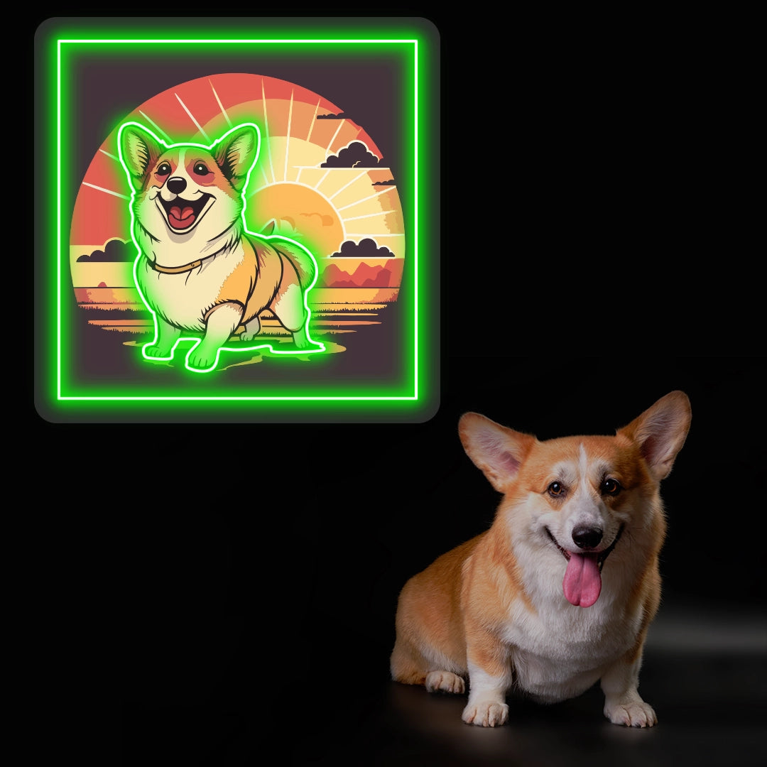 Smiling Corgi Sunset Portrait Neon Artwork Sign