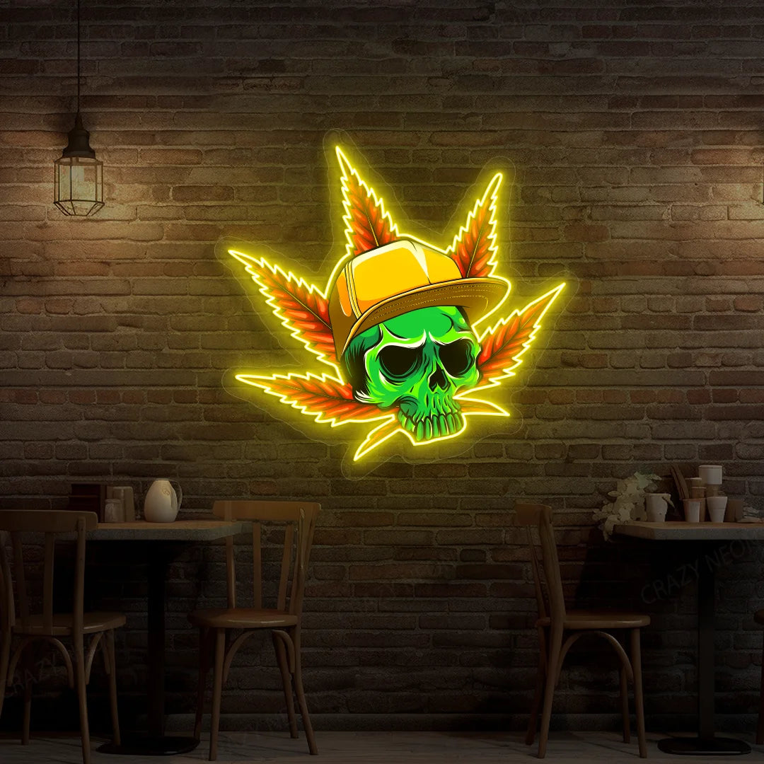 Skull Cap Weed Leaf Neon Artwork Sign