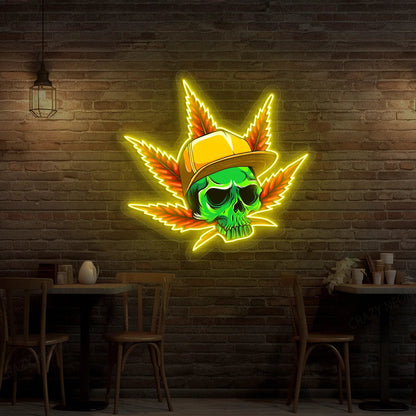 Skull Cap Weed Leaf Neon Artwork Sign