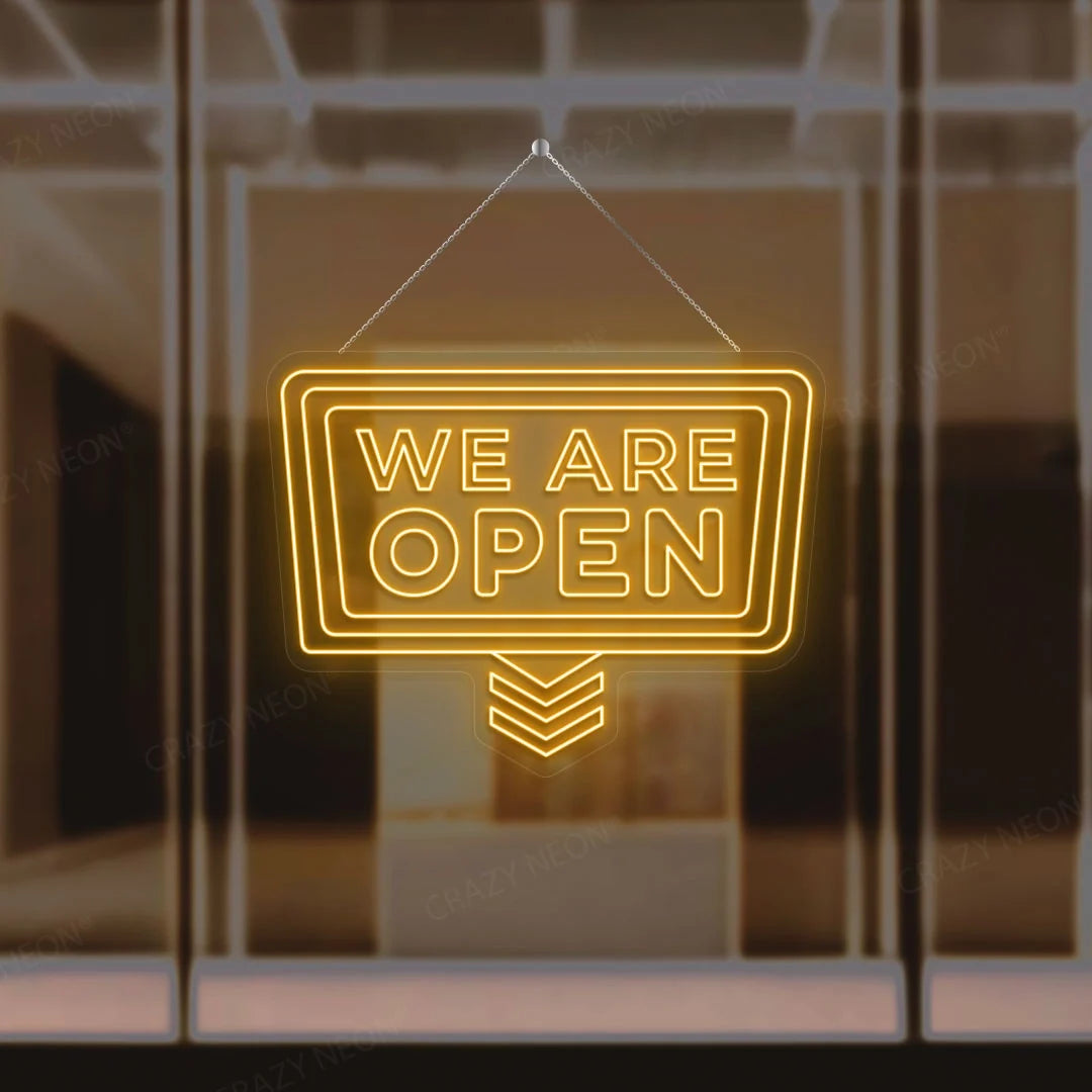 Open neon sign, downward arrow. Bright LED business decor. Image 13 of 16.