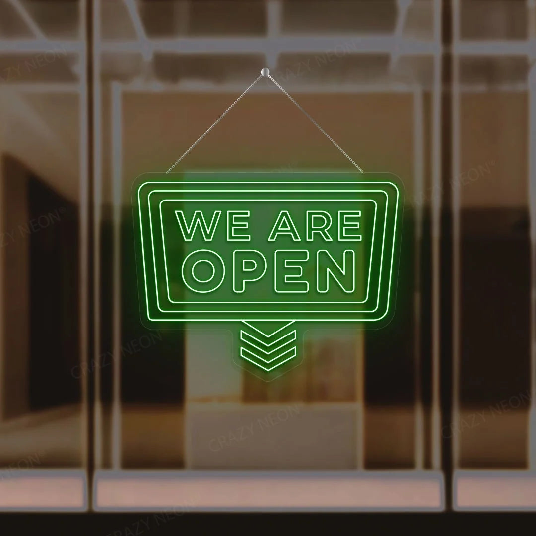 Downward arrow neon open sign, business decor, bright LED, modern storefront display. Image 12 of 16.
