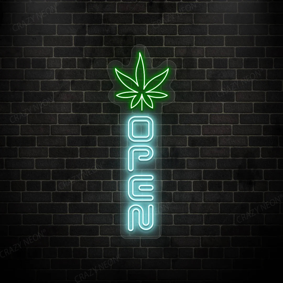 Weed leaf LED neon sign, cannabis shop decor. Bright, green, and open for business. Image 1 of 11.