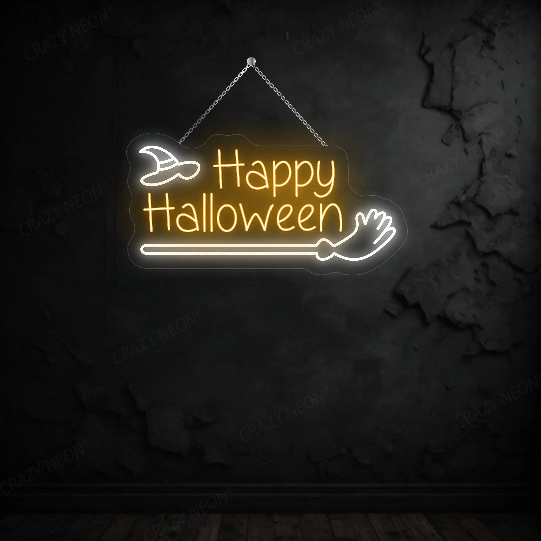Happy Halloween with Broom Stick LED Neon Sign