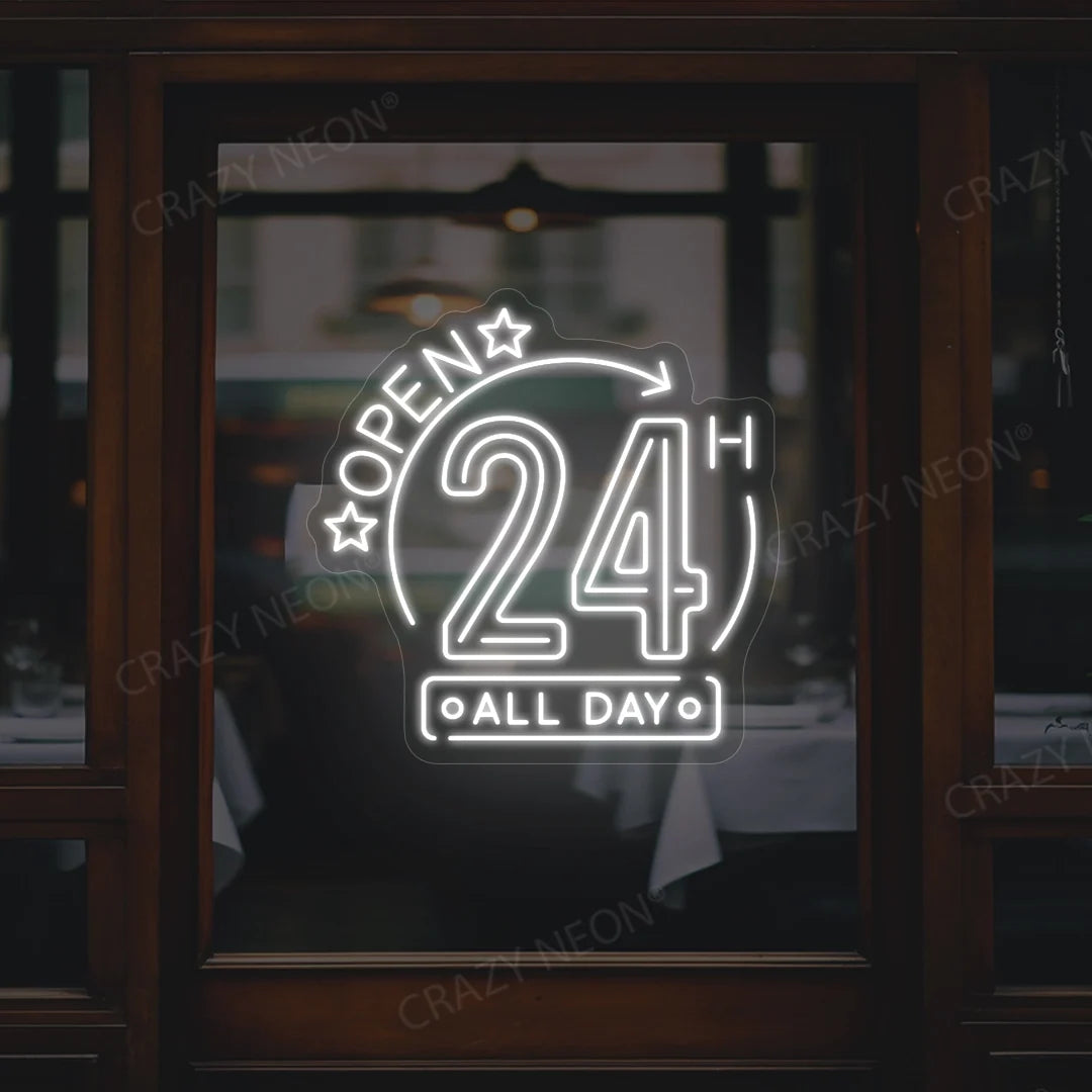 Neon sign for business, "24/7 Open" LED light, storefront display. Image 12 of 16.