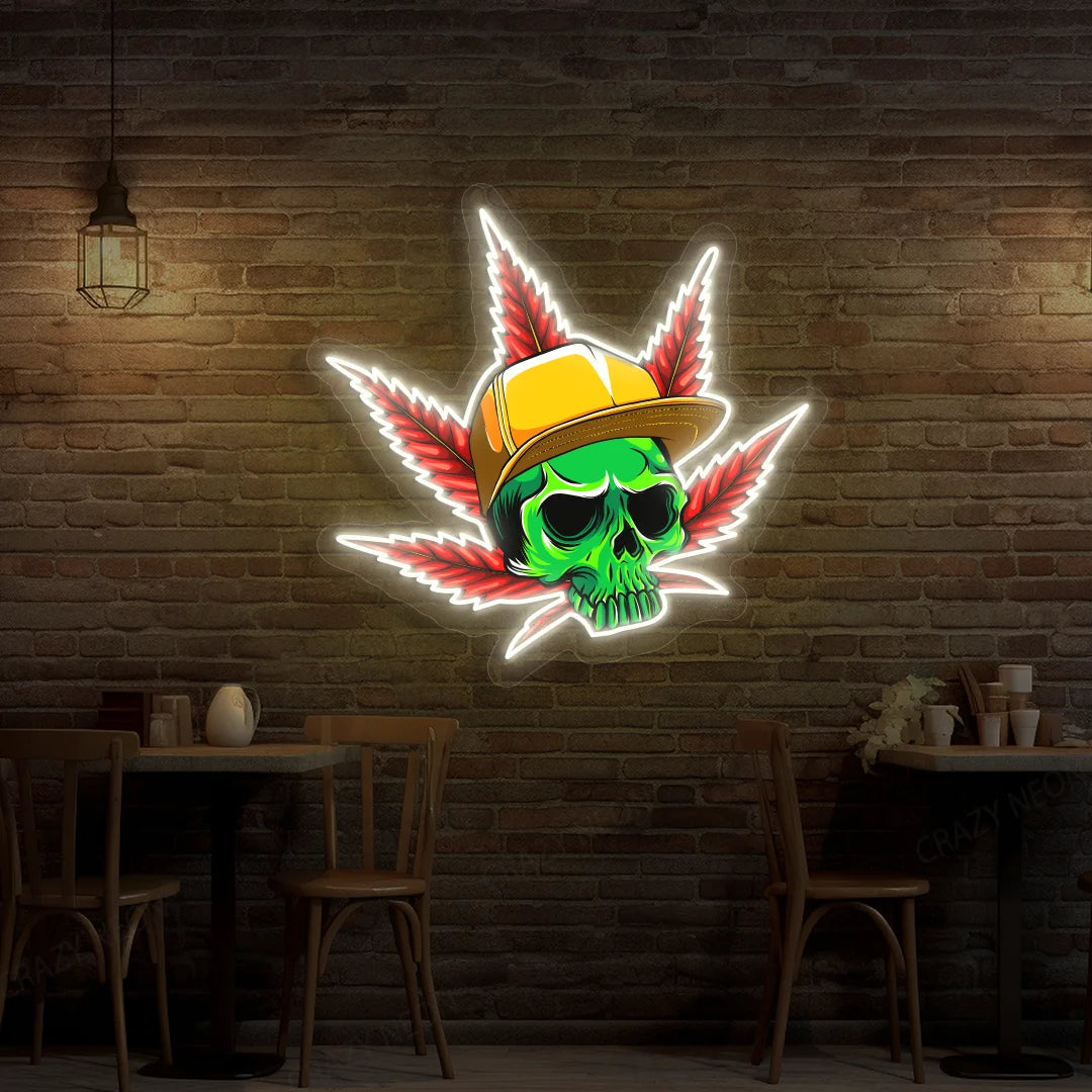 Skull Cap Weed Leaf Neon Artwork Sign