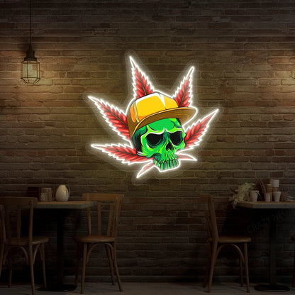 Skull Cap Weed Leaf Neon Artwork Sign