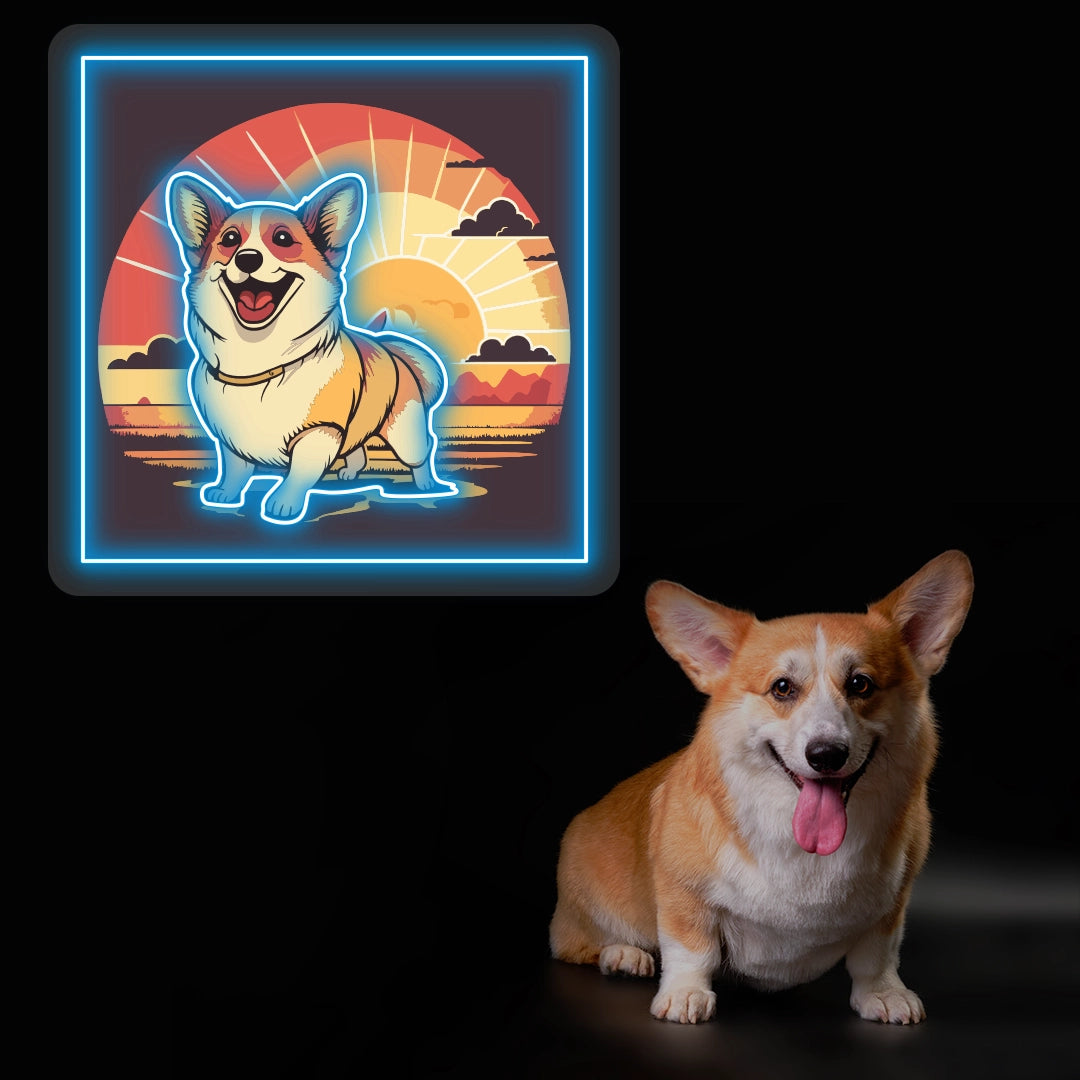 Smiling Corgi Sunset Portrait Neon Artwork Sign