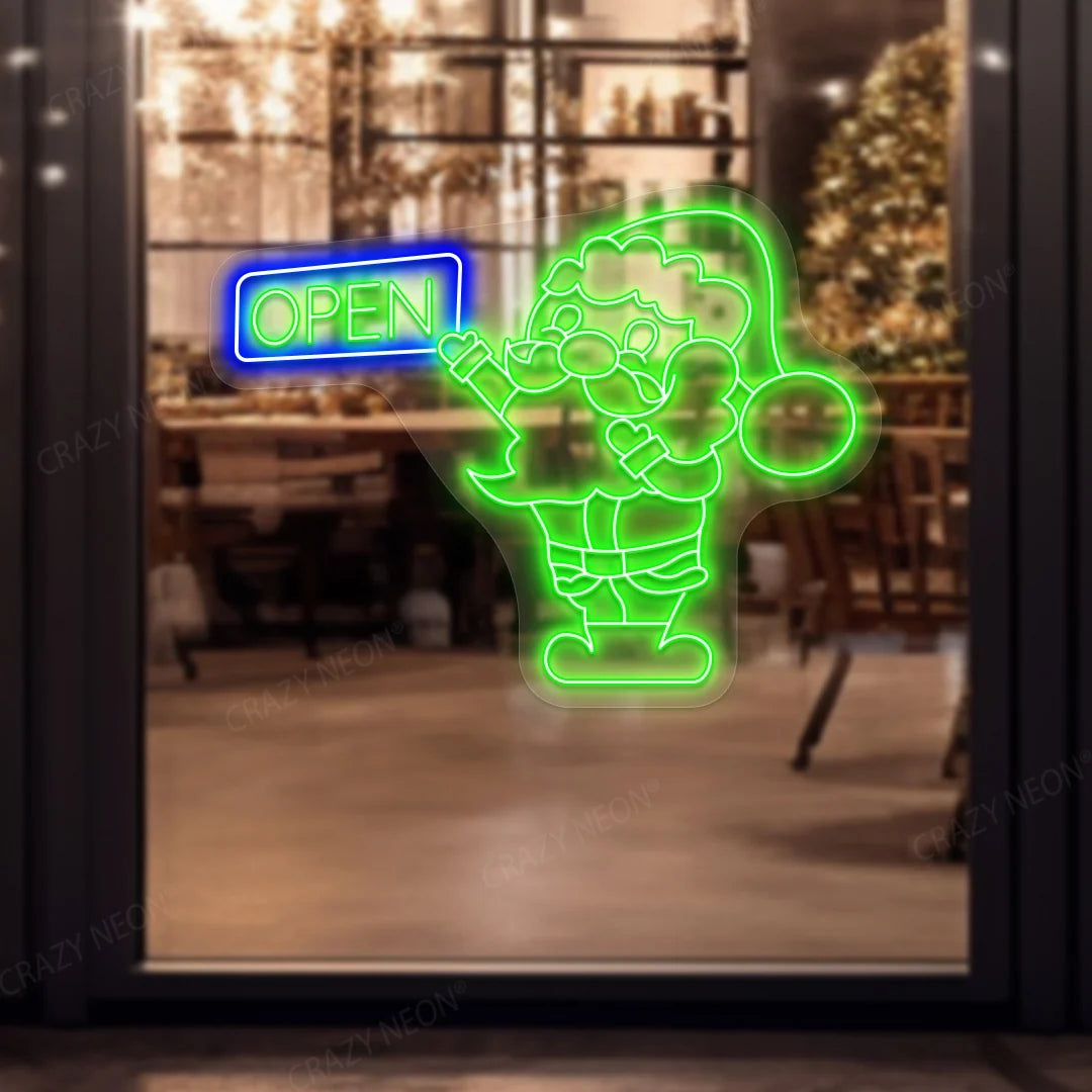 Santa Claus open neon sign, festive holiday light, bright Christmas decor.