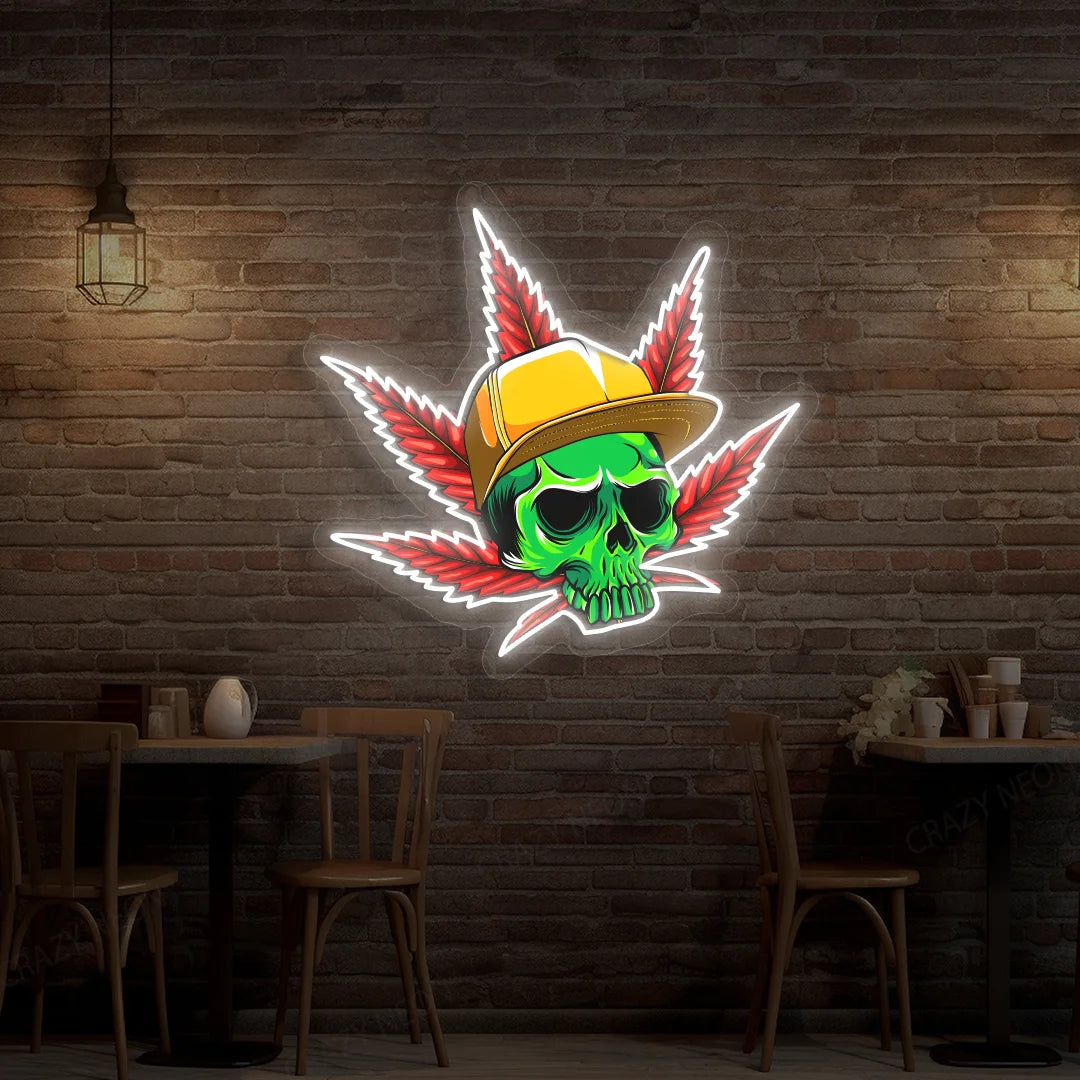 Skull Cap Weed Leaf Neon Artwork Sign