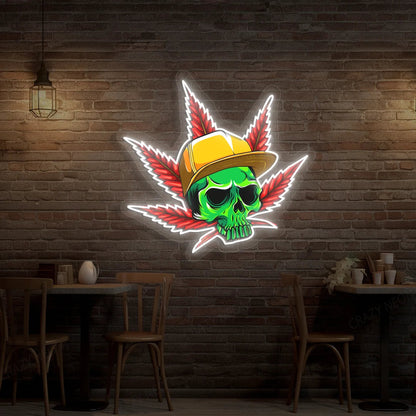 Skull Cap Weed Leaf Neon Artwork Sign