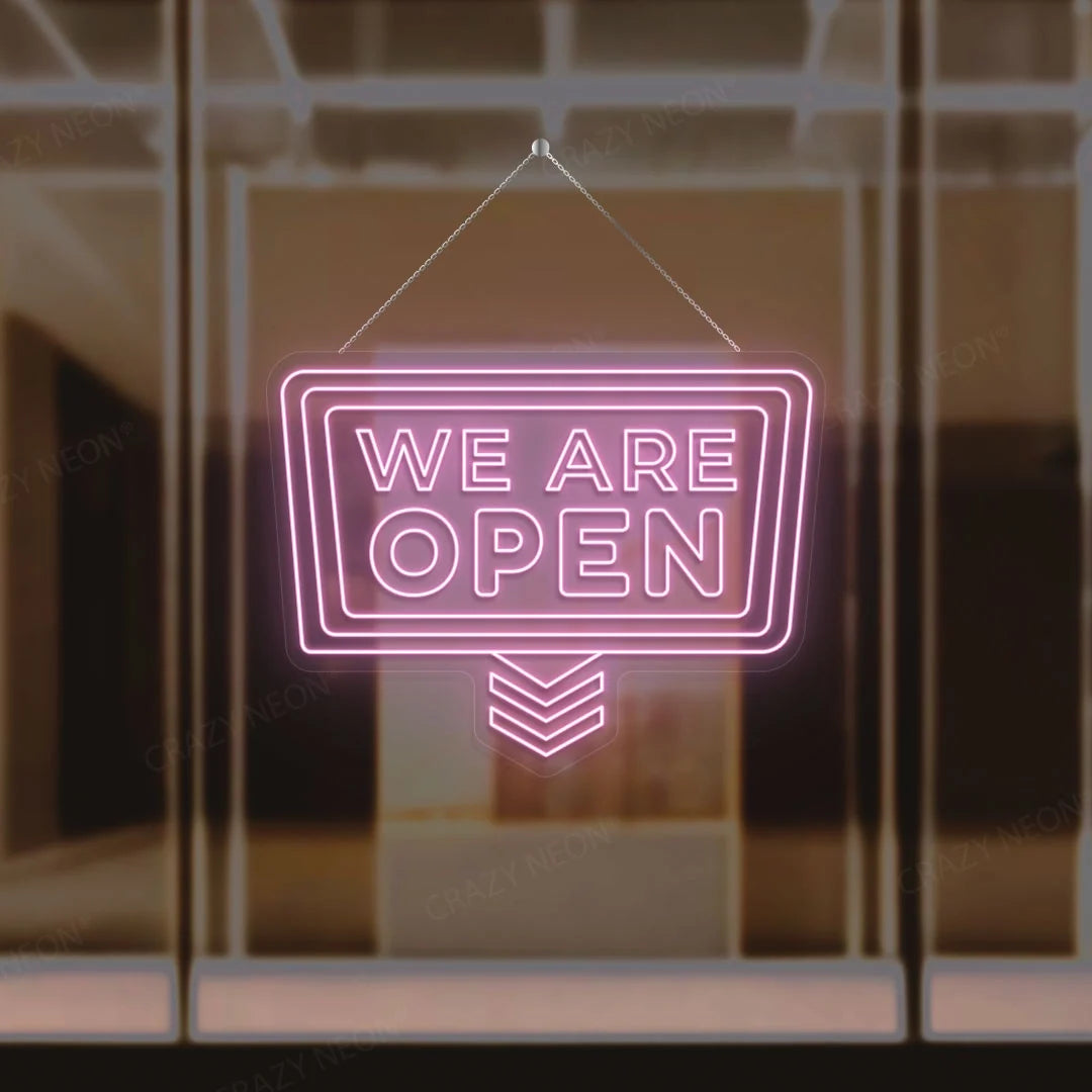 Downward arrow open neon sign, bright pink, business decor, position 11 of 16.