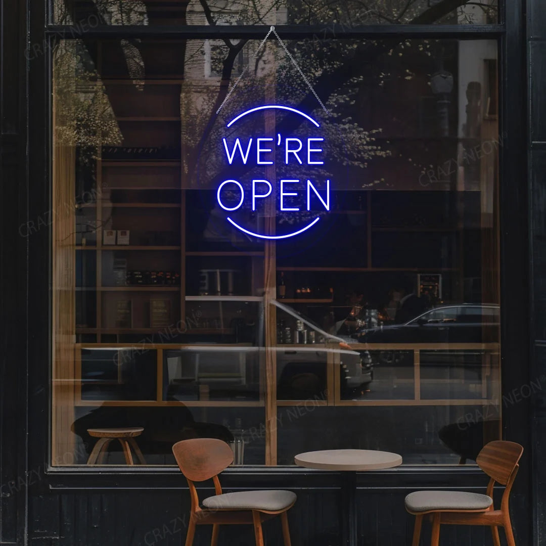 Open LED sign, glowing pink, for business window decor. Image 14 of 16.