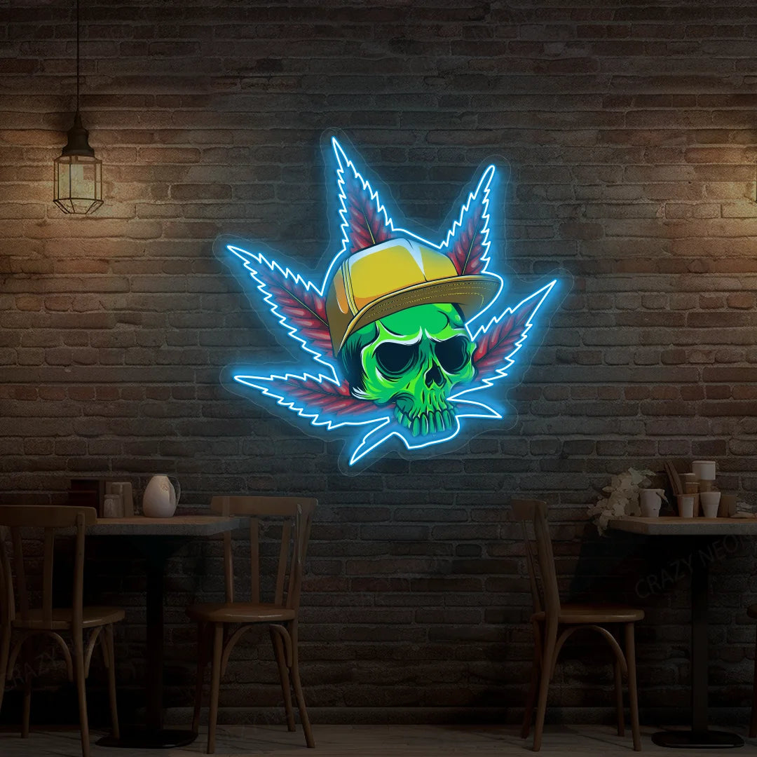 Skull Cap Weed Leaf Neon Artwork Sign