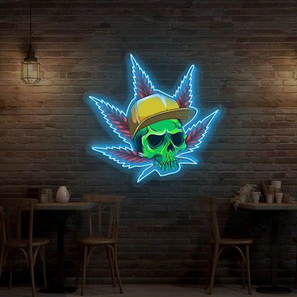 Skull Cap Weed Leaf Neon Artwork Sign