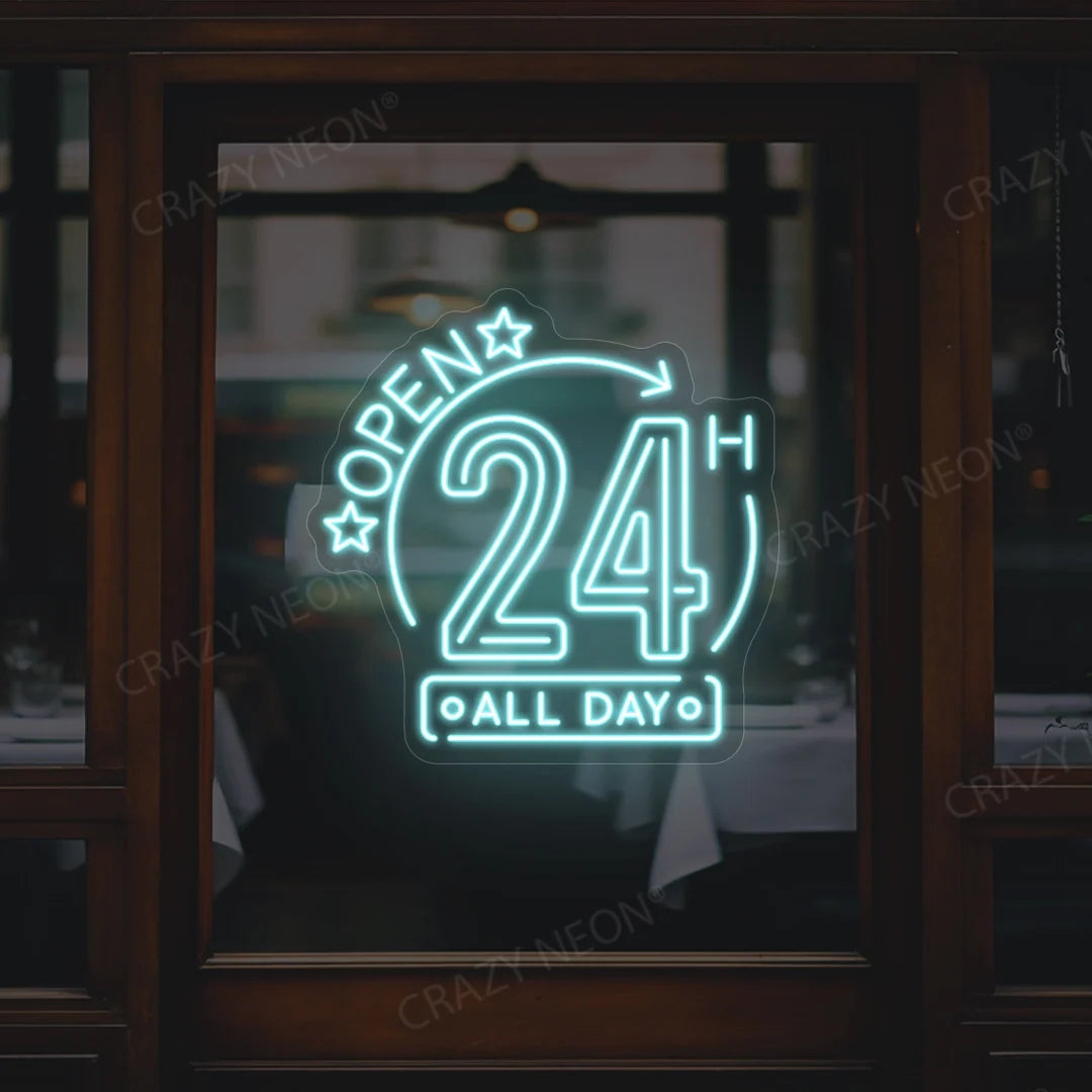 Neon "24/7 Open" sign for business, LED light, blue and white glow. Image 10 of 16.