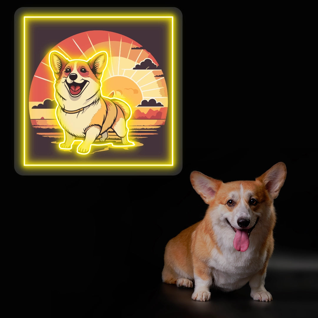 Smiling Corgi Sunset Portrait Neon Artwork Sign