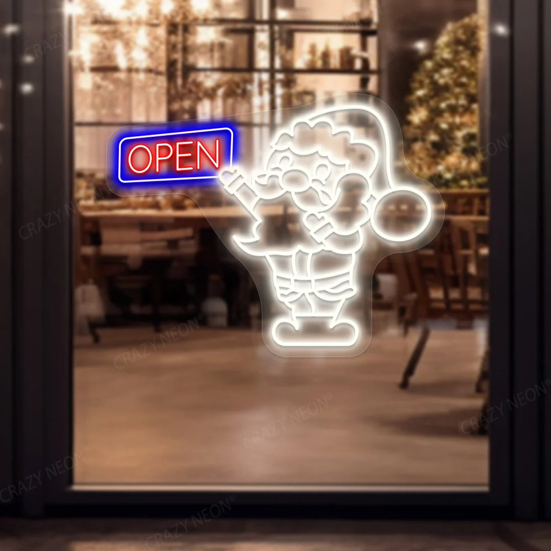 Santa Claus open neon sign, festive Christmas LED light, red and white, image 1 of 9.