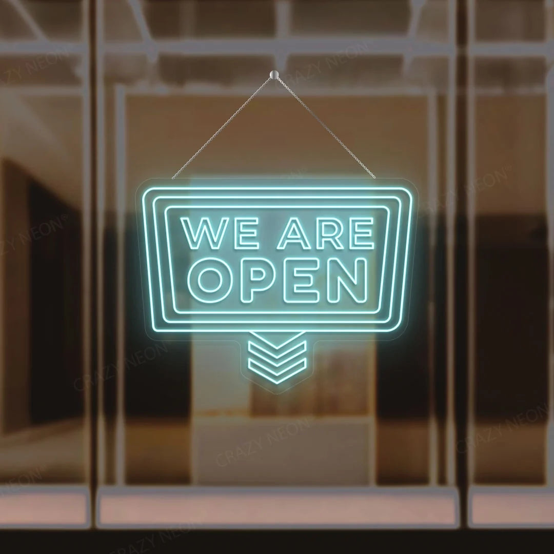 Open neon sign, downward arrow. Bright business decor, energy-efficient LED, vibrant shop display. Image 10 of 16.
