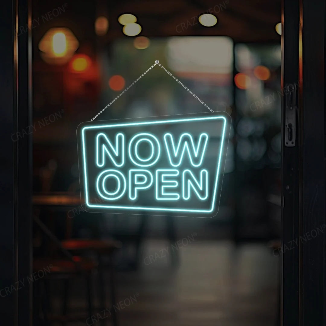 Now Open LED sign, vibrant red and blue neon light for business storefront, image 10 of 16.