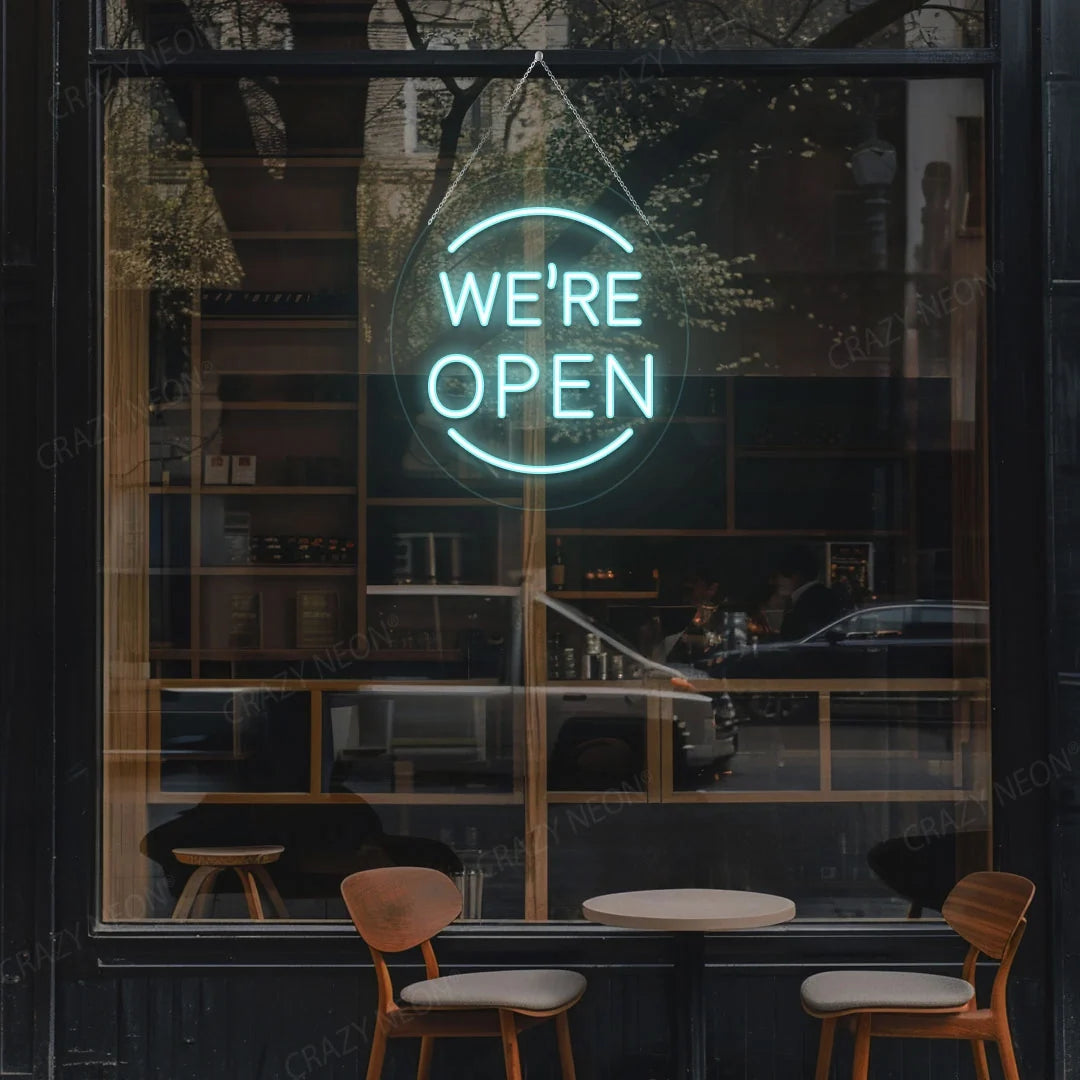 Open LED sign, glowing neon light decor for business storefronts, modern shop display. Product 15 of 16.