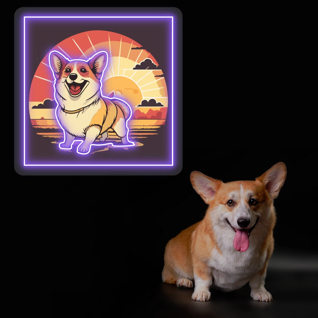 Smiling Corgi Sunset Portrait Neon Artwork Sign