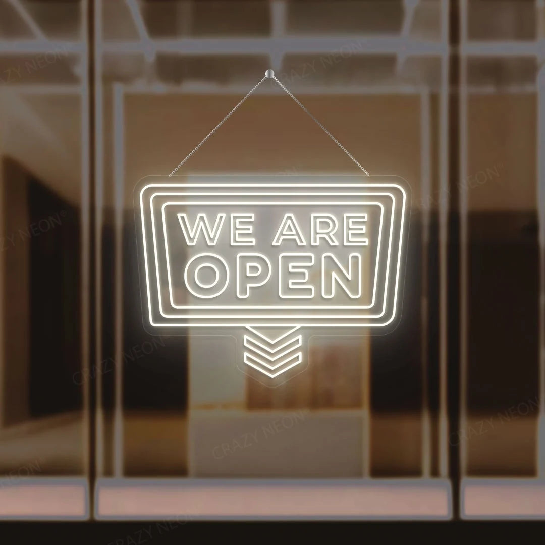 Downward arrow open neon sign, bright LED business decor. Image 9 of 16.