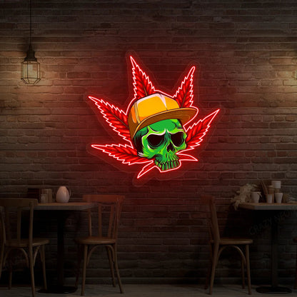 Skull Cap Weed Leaf Neon Artwork Sign