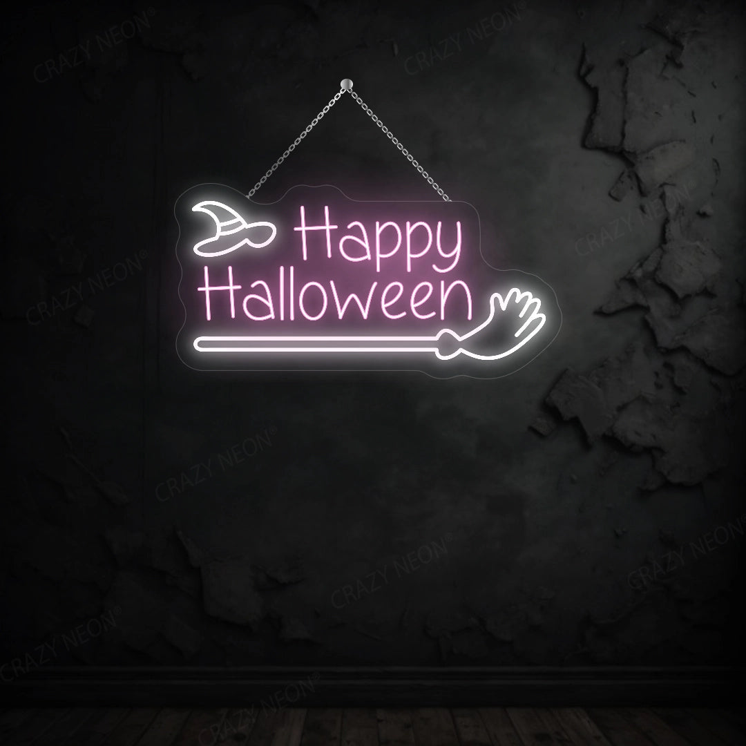 Happy Halloween with Broom Stick LED Neon Sign