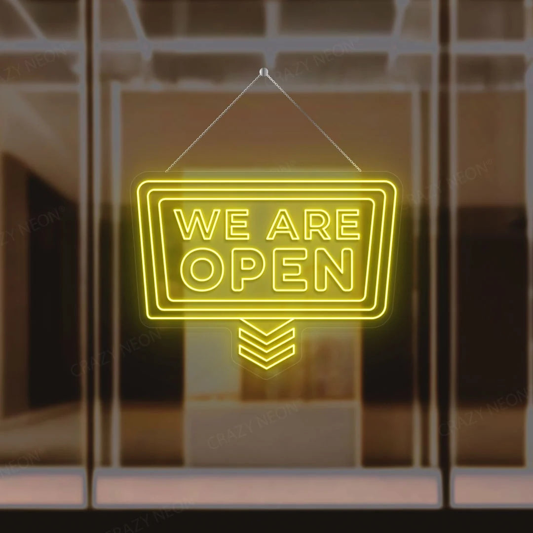 Open neon sign, downward arrow. Business decor, bright LED light. Image 2 of 16.