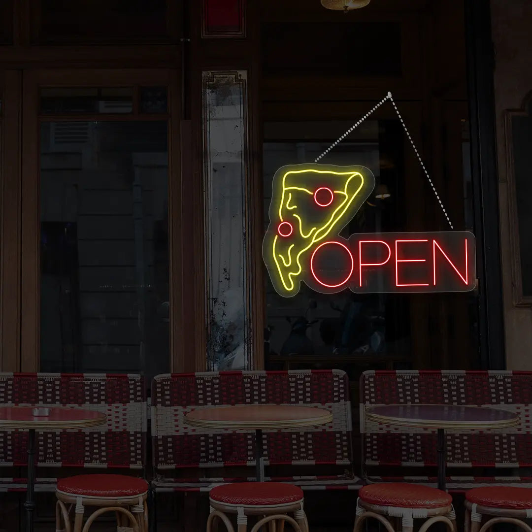 Pizza Open LED sign, bright, red, for business, shopfront, window display, restaurant, pizzeria, food.