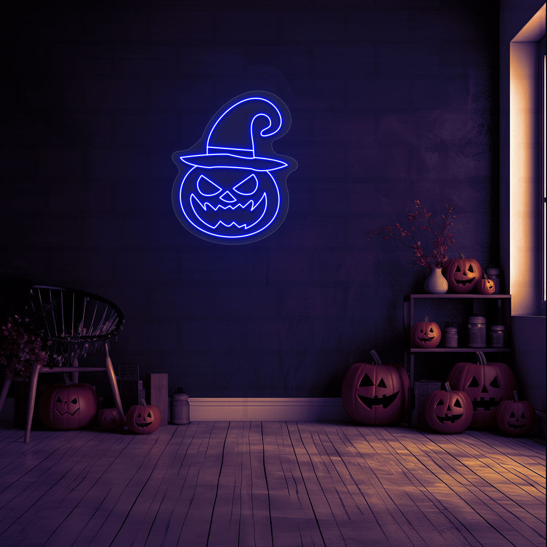 Angry Pumpkin With Hat Neon Sign