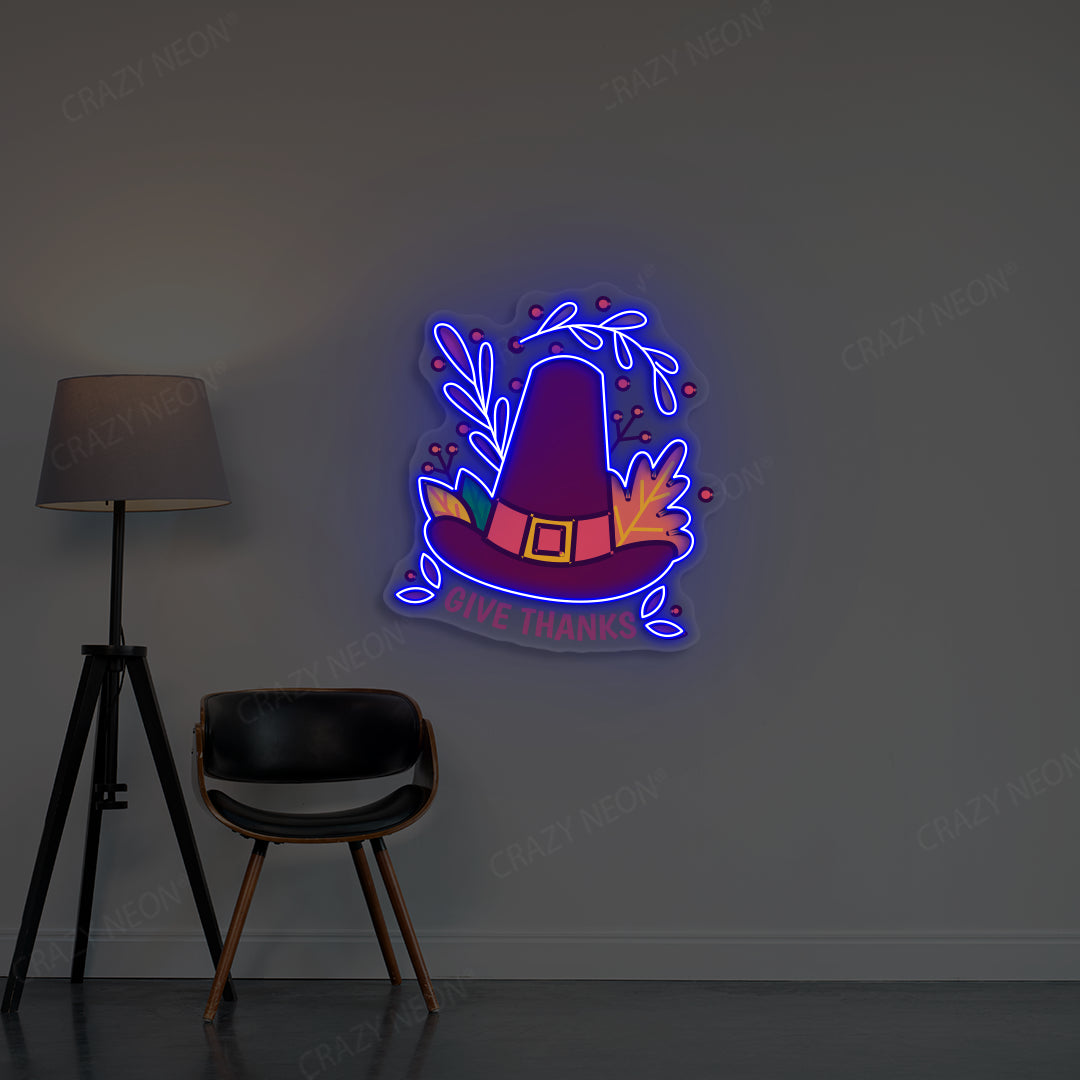 Pilgrim Hat Give Thanks Neon Sign