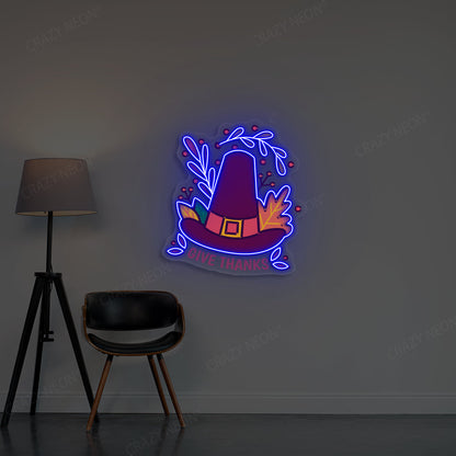 Pilgrim Hat Give Thanks Neon Sign