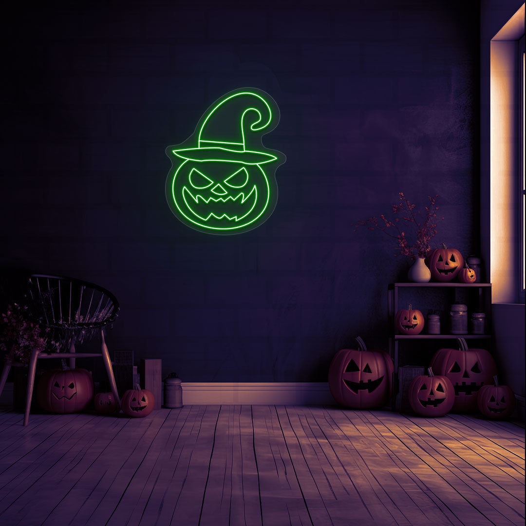 Angry Pumpkin With Hat Neon Sign
