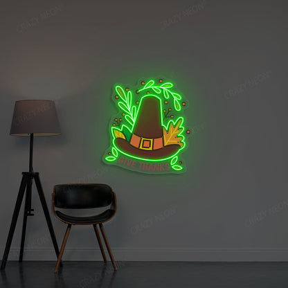 Pilgrim Hat Give Thanks Neon Sign