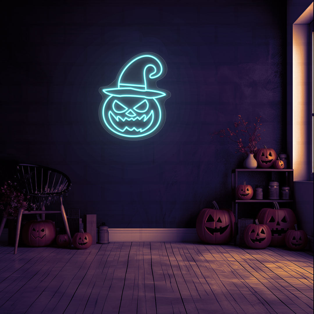 Angry Pumpkin With Hat Neon Sign
