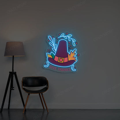 Pilgrim Hat Give Thanks Neon Sign
