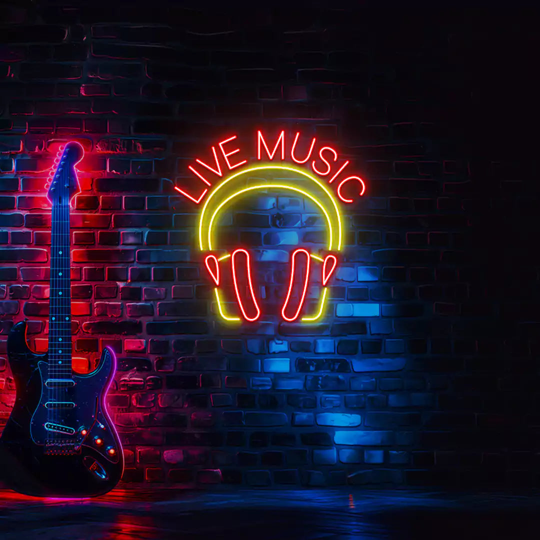 Live Music In Headphones Neon Sign