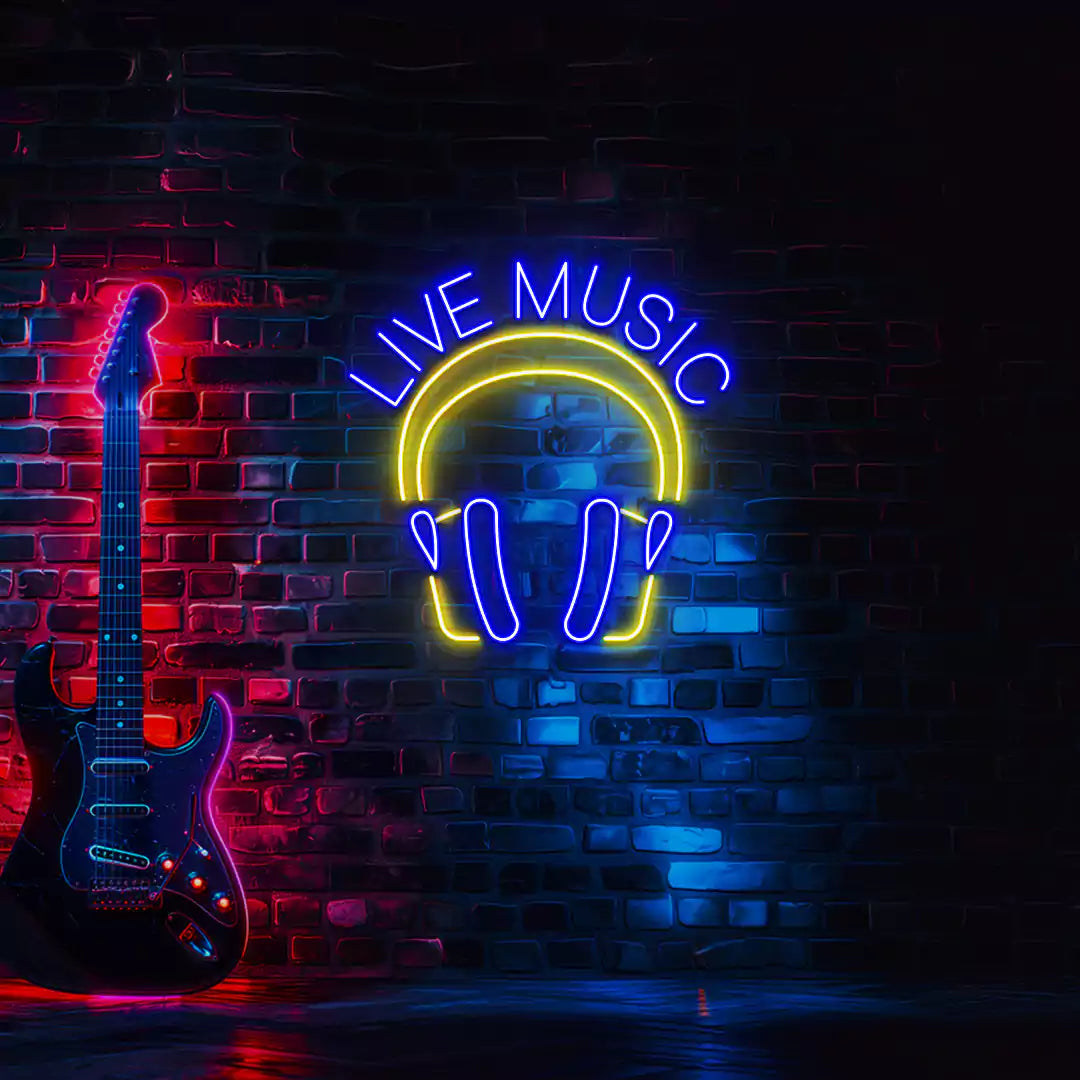 Live Music In Headphones Neon Sign