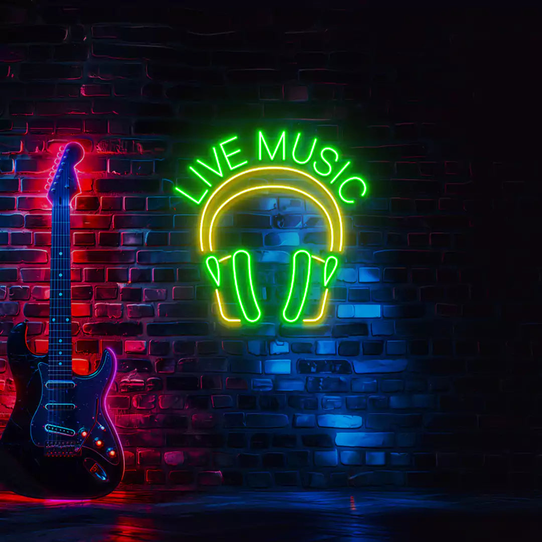 Live Music In Headphones Neon Sign