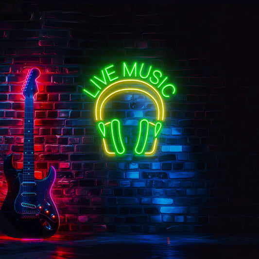 Live Music In Headphones Neon Sign