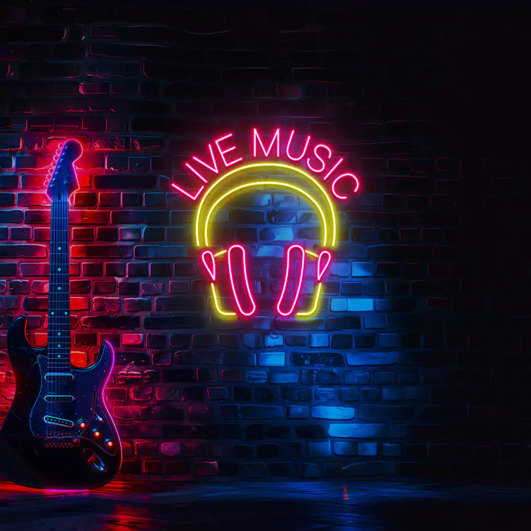 Live Music In Headphones Neon Sign