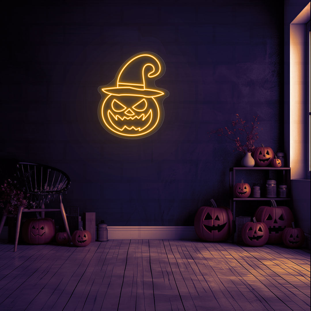 Angry Pumpkin With Hat Neon Sign