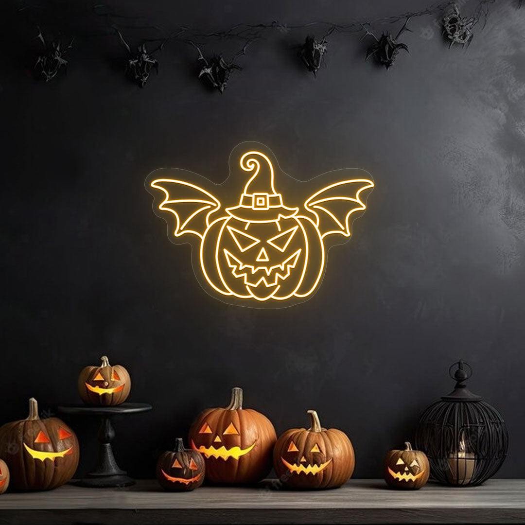 Scary Pumpkin With Hat And Wings Neon Sign