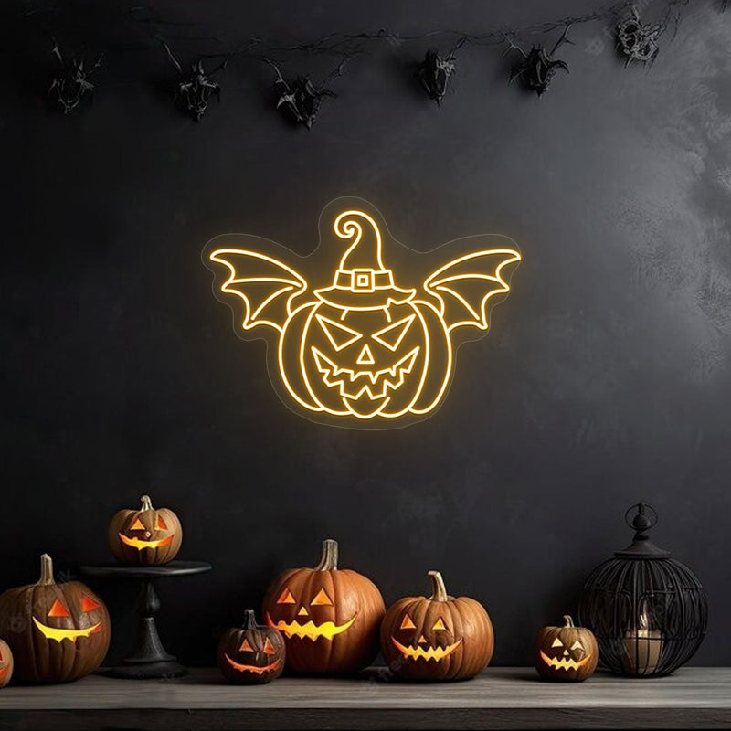 Scary Pumpkin With Hat And Wings Neon Sign