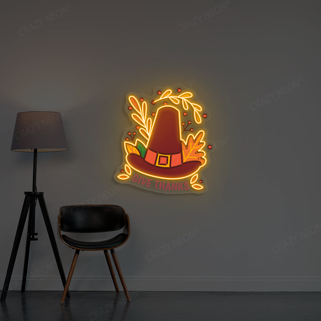 Pilgrim Hat Give Thanks Neon Sign