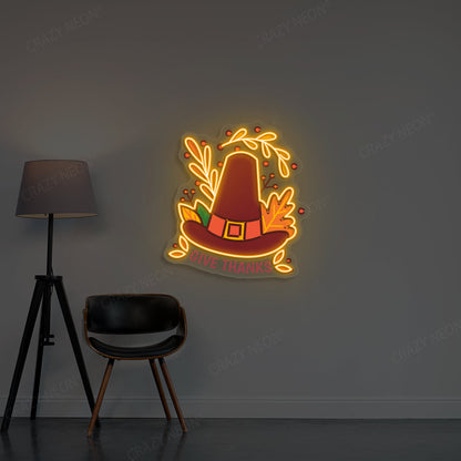 Pilgrim Hat Give Thanks Neon Sign
