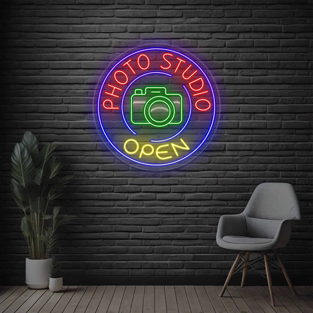 LED neon "Photo Studio Open" sign, wall decor for photographers, studio entrance. Image 1 of 7.