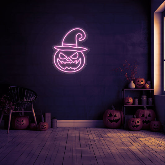 Angry Pumpkin With Hat Neon Sign