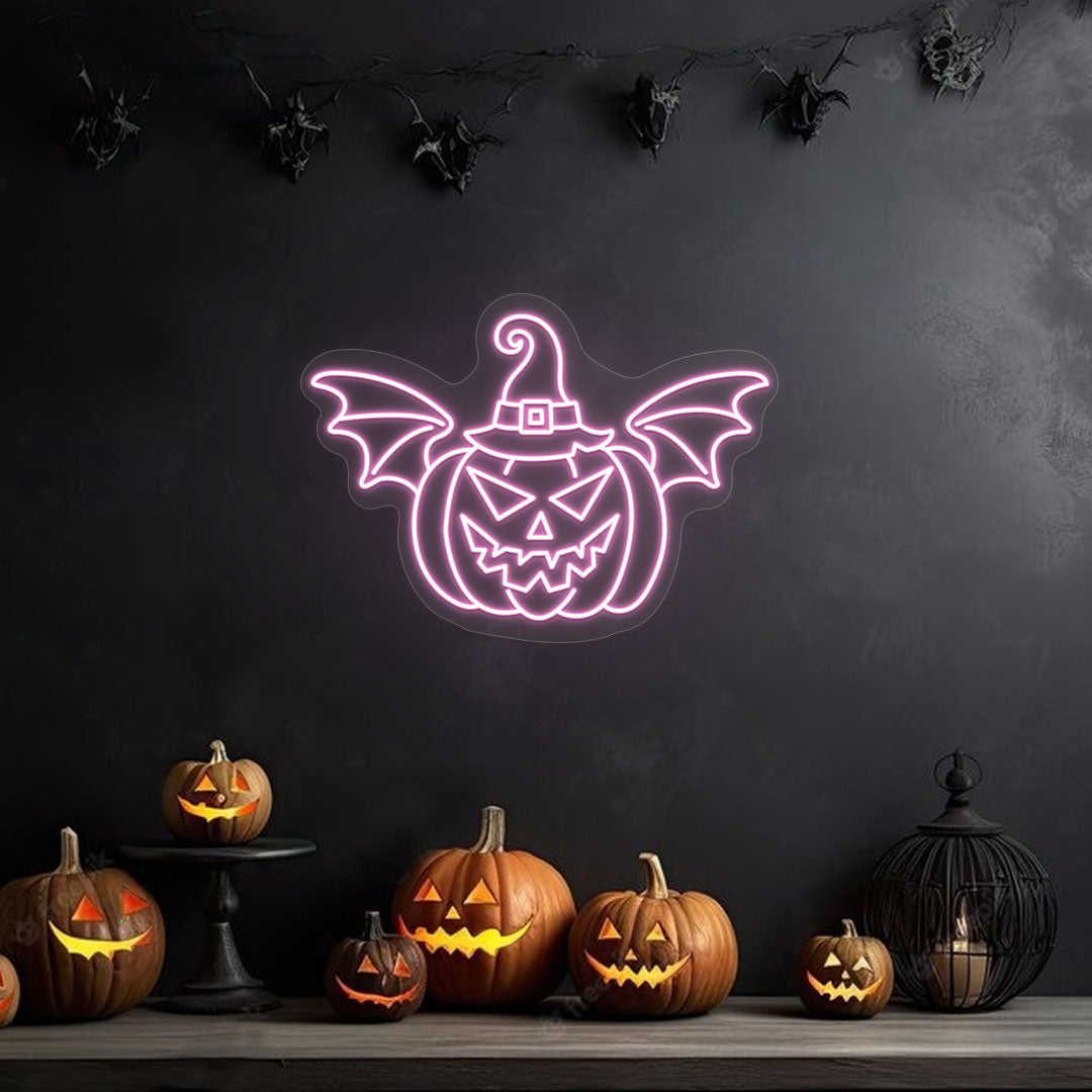 Scary Pumpkin With Hat And Wings Neon Sign